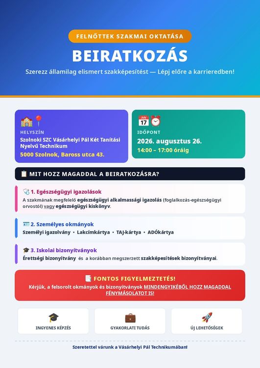 FELNŐTTEK SZAKMAI OKTATÁSA - BEIRATKOZÁS